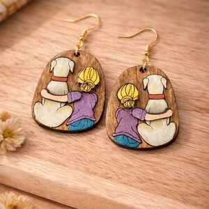Girl & Dog Wooden Dangle Earrings | Best Friends Rustic Handmade Dog Lover Gift